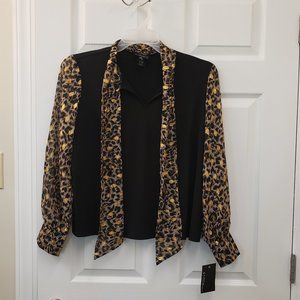 Black soft dress blouse with sheer, shiny leopard gold sleeves & collar tie, NWT